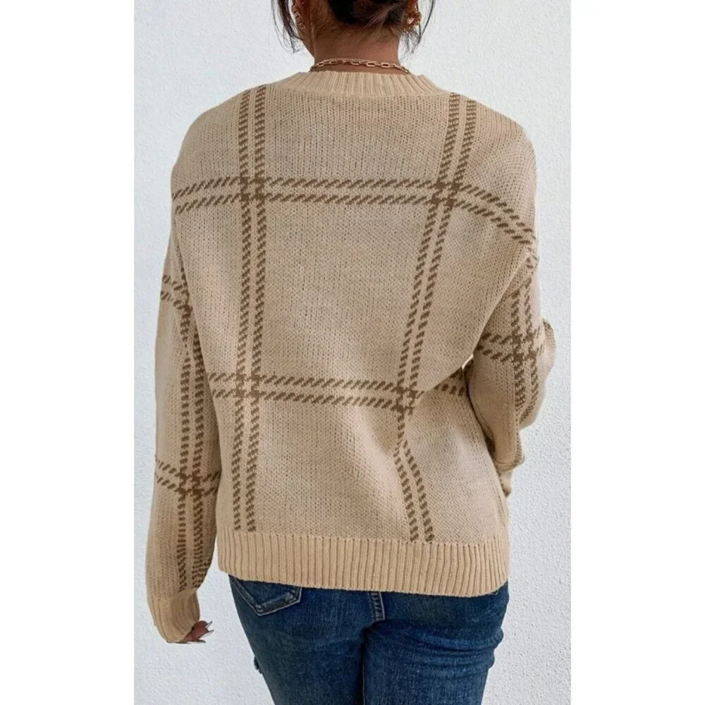 #17 Khaki Plaid Pattern Knitted Drop Shoulder Sweater - Picture 2 of 3